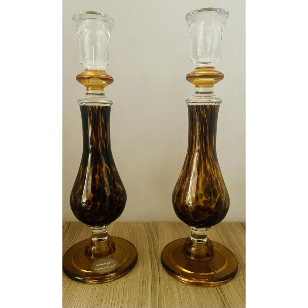 Pier one Verre Artisanal Handblown Vintage Glass Taper Candle Holder 14 Inches